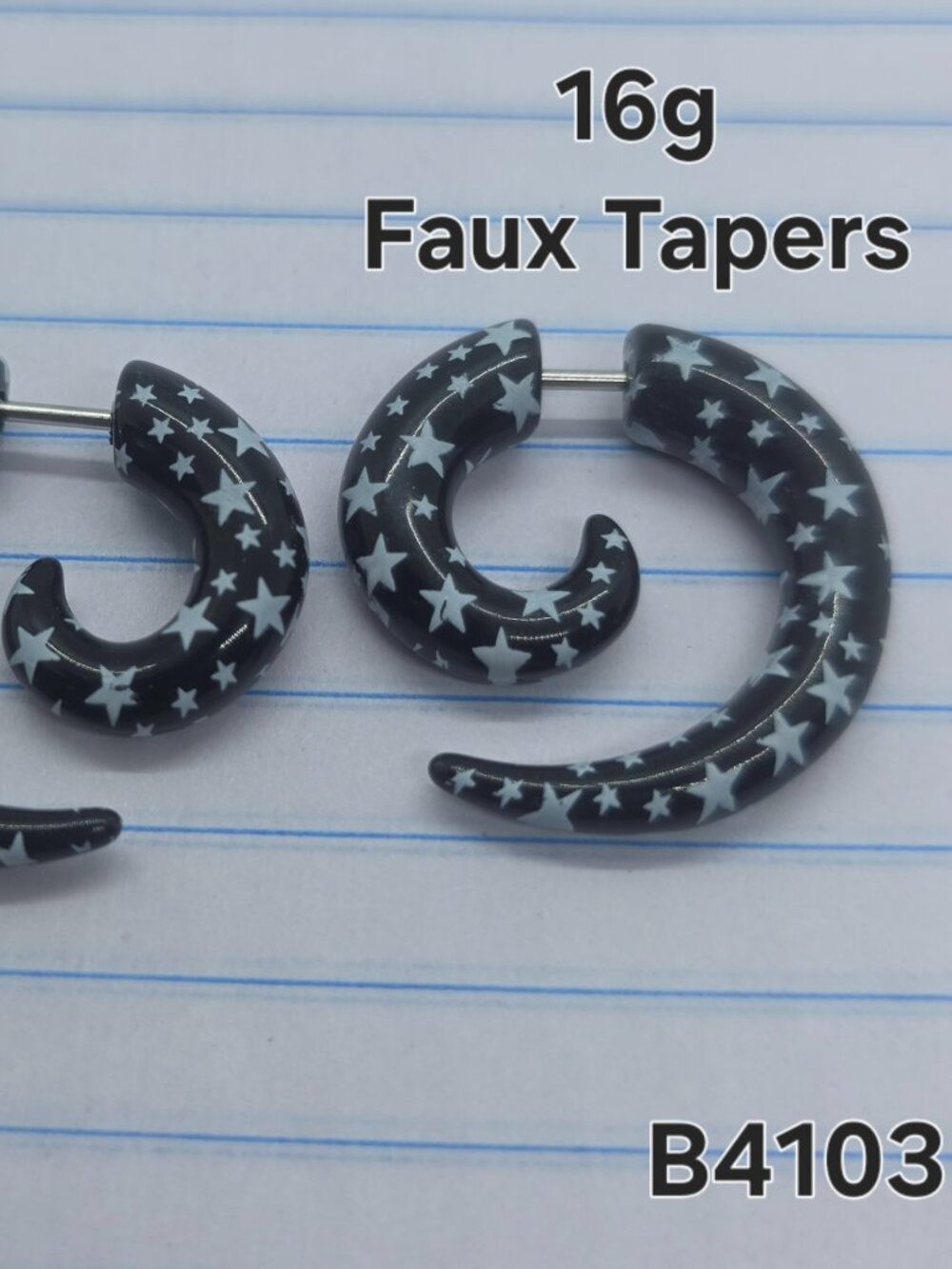 16g Black Acrylic Stars Spiral Faux Taper Plugs Earrings B4103